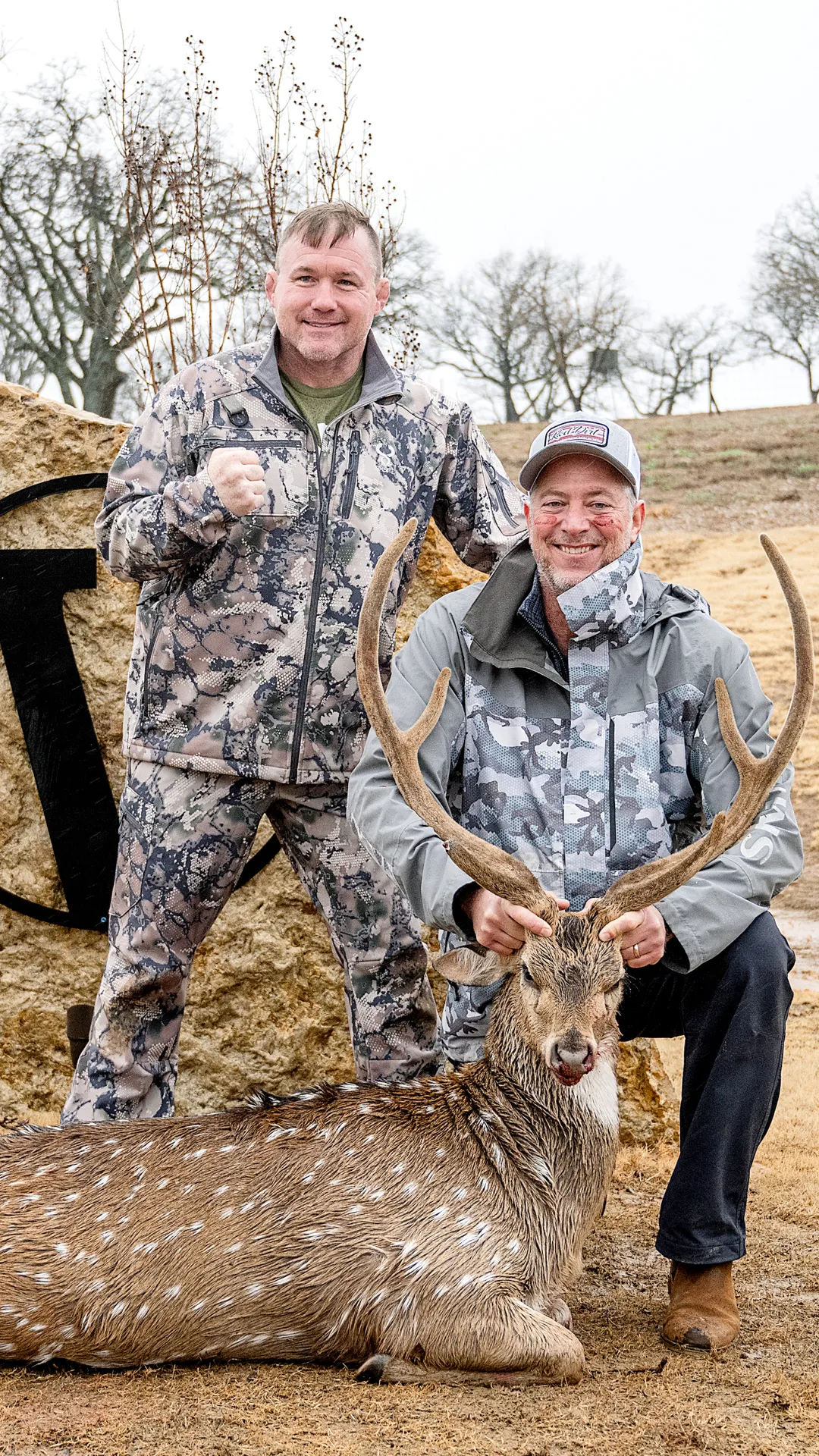 Two hunters with an axis deer